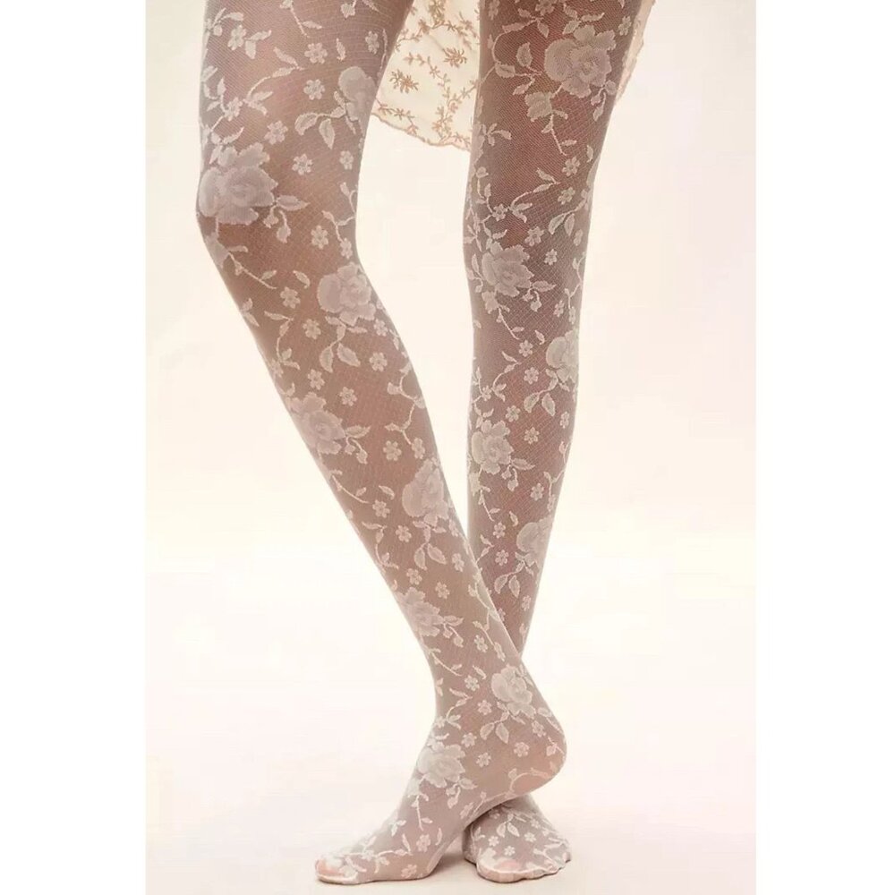 By Anthropologie Lace Rosette Tulle Tights White Cream Large